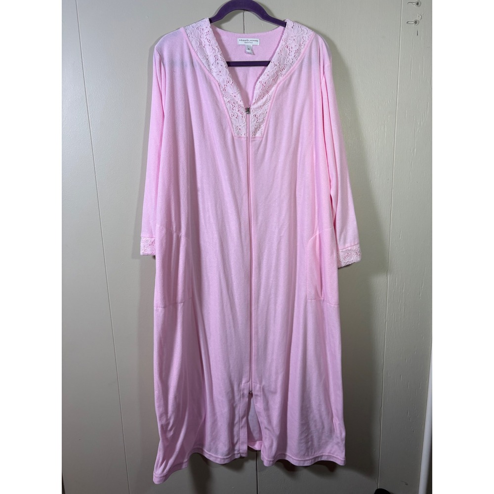 Miss Elaine Pink Zip Front Robe Lace Trim Long Nightgown Housecoat XL Lounge